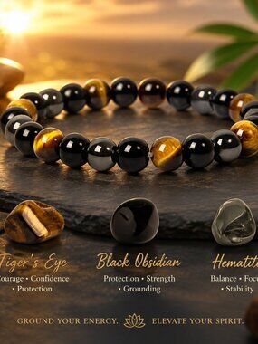 Triple Protection Magnetic Hematite Tiger Eye Obsidian Bracelet 8mm
